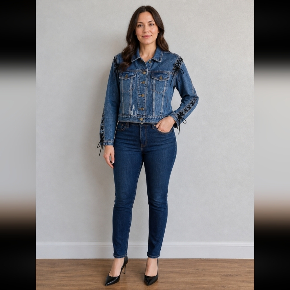 REDIAL Denim Distressed Lace Tie Arm Shoulder Detail Small